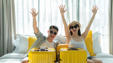 Ready to travel happy holiday checkin Summer vacation concept Asian couple raising hands with joy man and woman wear sunglasses smile with happy on white bed with yellow suitcases on a : Generative AI - Powered by Adobe