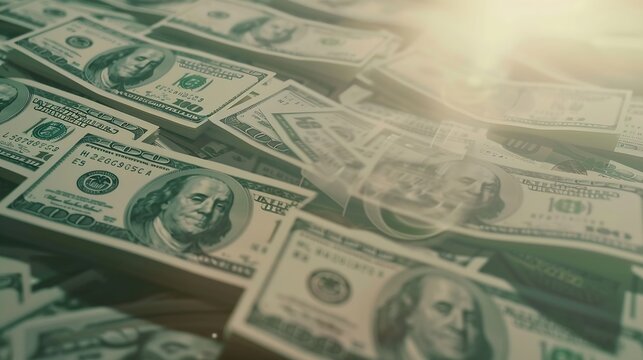 Many one hundred and fifty dollar bills on flat background surface close up Flat lay top view Abstract success or business concept : Generative AI