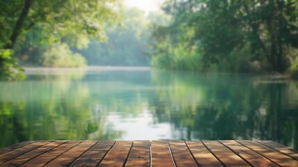Wooden table top on blur green forest and lake or swampFresh and Relax conceptFor montage product display or design key visual layoutView of copy space : Generative AI