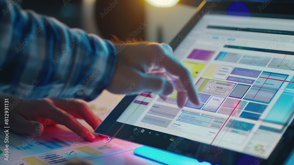 Leinwandbilder Tablet office research and happy man typing UX web design app wireframe development or monitor online software SEO algorithm web traffic statistics and person work on webdesign for web : Generative AI