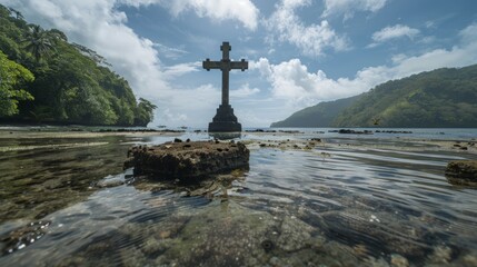The Sunken Cemetery in Camiguin Philippines marked by a large cross standing in the sea a memorial for those buried there after a volcanic eruption in
