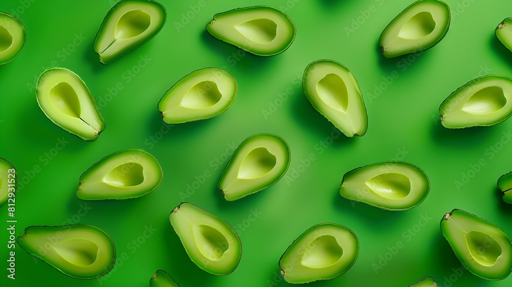 Poster creative layout made of avocado flat lay food concept macro concept green background : generative ai