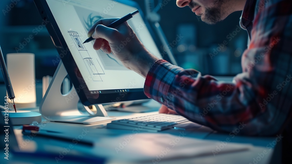 Poster Designers man drawing website ux app development User experience concept : Generative AI