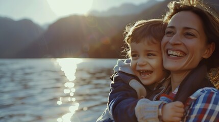 Smiling woman carrying excited son at lake during vacation : Generative AI