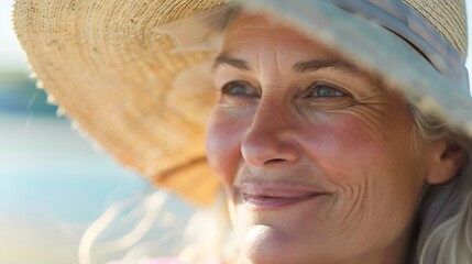 Closeup face of mature woman wearing straw hat enjoying the sun at beach Happy woman smiling during summer vacation at seaBeautiful lady relaxing at beach while holding large brim for  : Generative AI