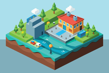 Low polygonal illustration of a house standing on an island surrounded by water, Flood Customizable Isometric Illustration