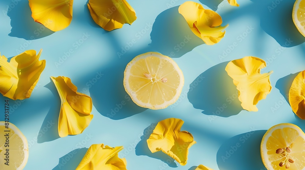 Wall mural Creative summer layout made of lemon and yellow flower petals on bright blue background Fruit minimal concept : Generative AI - Wall murals