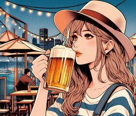 ビアガーデンでビールを楽しむ女性
