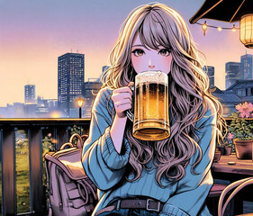 ビアガーデンでビールを楽しむ女性