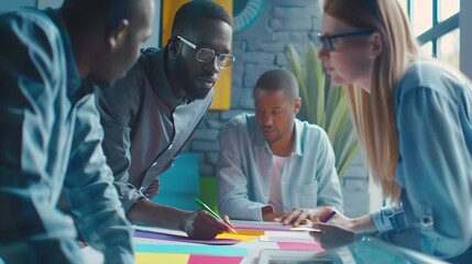 diverse team of professionals engaged in a website graphic design board meeting sharing opinions on UX and UI design elements Asian man African American people black afro caucasian fem : Generative AI