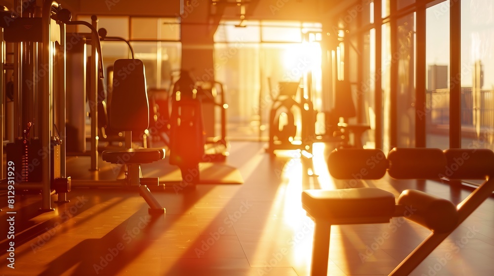 Poster sunshine fitness and empty gym for exercise workout and training sunlight room and a club for sports