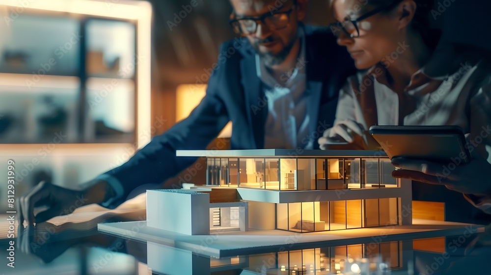 Leinwandbilder Real estate agent with client or architect team discussing a housing model and its blueprints digitally using a tablet computer : Generative AI