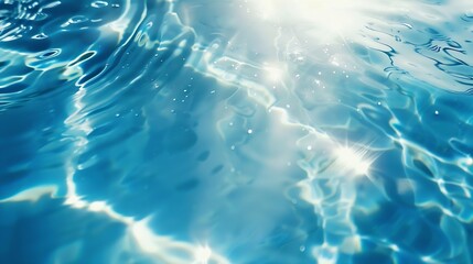 Blue water surface with bright sun light reflections water in swimming pool background closeup :...