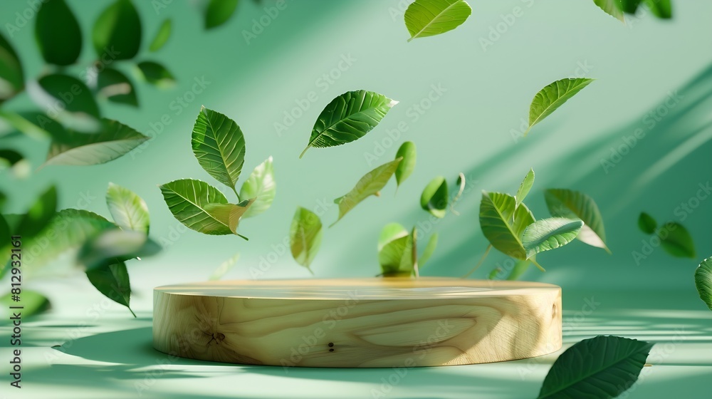 Poster wood product display podium with nature green leaves for presentation design : generative ai