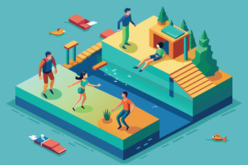 A diverse group of individuals standing together on the rooftop of a high-rise building, overlooking the city below, Brand construction Customizable Isometric Illustration