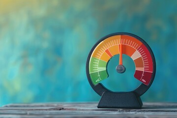 Closeup of a circular multicolored gauge with a needle, set on a vibrant bluegreen backdrop