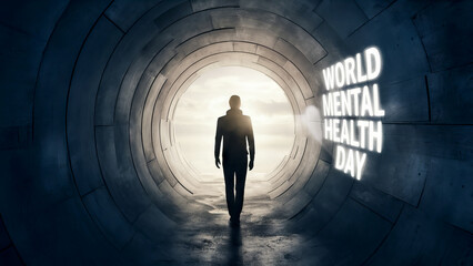 A silhouette of a man walking towards light at the end of a tunnel with "WORLD MENTAL HEALTH DAY" in neon lights, promoting mental health awareness.