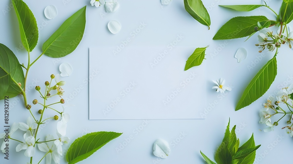 Poster creative layout made of flowers and green leaves with white paper card note flat lay nature concept 