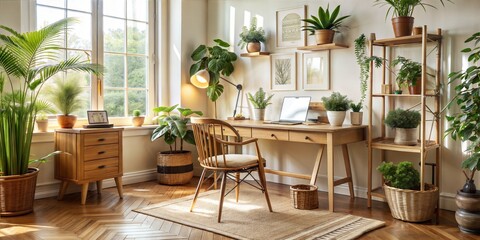 A small office with a desk, chair, and potted plants