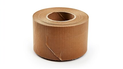 A roll of brown packing tape is presented in isolation against a white backdrop, ready for use in packaging and shipping tasks.