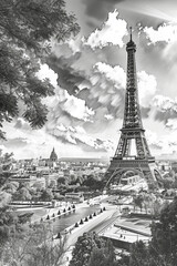 Sketch of a view of the Eiffel Tower in Paris.