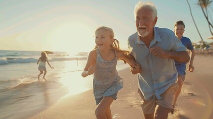 Grandparents Running Along Beach With Grandchildren On Summer Vacation : Generative AI - Powered by Adobe