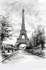 Sketch of a view of the Eiffel Tower in Paris.