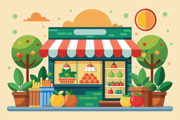 Obraz premium A detailed illustration of a grocery store filled with various fruits and vegetables being displayed and sold, Fruit shop Customizable Disproportionate Illustration