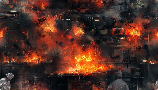 Capture the chaotic beauty of renowned chefs battling in a post-apocalyptic kitchen competition in a hyper-realistic oil painting Convey the intensity of the scene with fiery orang