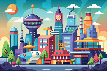 A cityscape filled with colorful tall buildings, showcasing a futuristic and bustling urban environment, Future city Customizable Cartoon Illustration