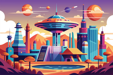 A future city stands against a backdrop of mountains and planets in a semi-flat illustration, Future city Customizable Semi Flat Illustration