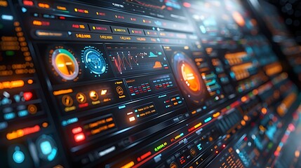 Naklejka premium Close-up view of a monitor with detailed and high-definition stock market analytics, including price movements and trading volumes, hyperrealistic portrayal emphasizes the digital texture.