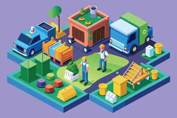 A couple of people standing in front of a truck in an industrial setting, Garbage management Customizable Isometric Illustration