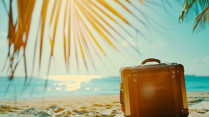 Fototapeta premium Travel Suitcase On Tropical Beach With Sunny Sea And Palm Leaves Defocused Abstract Background : Generative AI