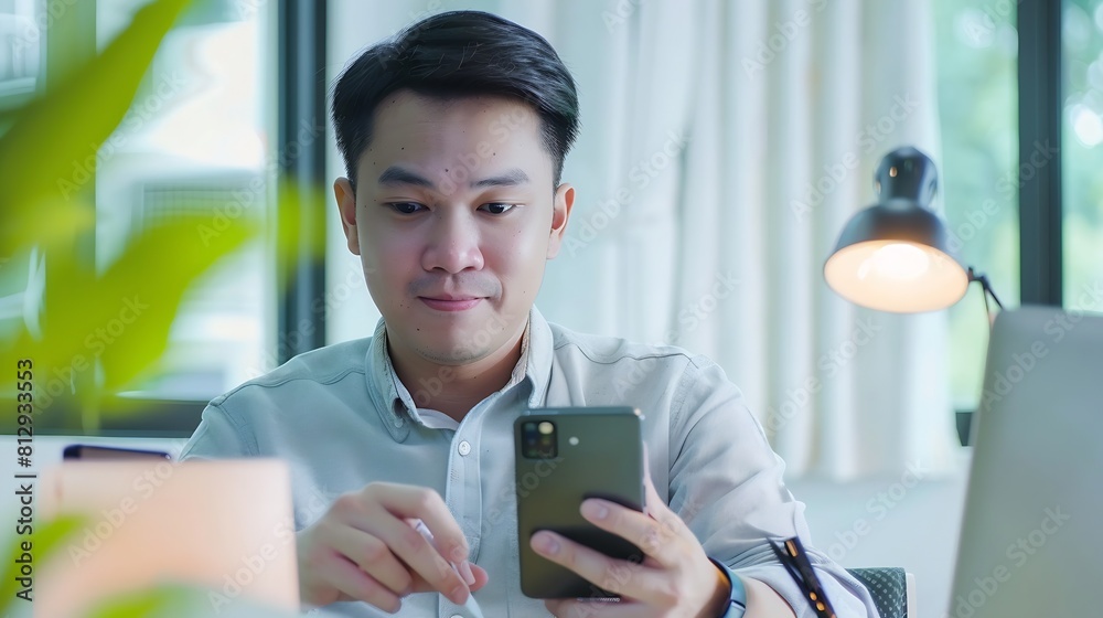 Poster Website designer Creative planning phone app development template layout framework wireframe design User experience concept Young asian man UX designer working on smartphone applicatio : Generative AI