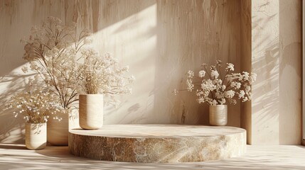 This image showcases a stylish and serene interior featuring a marble podium and wall accentuated by delicate cherry blossoms in a minimalist setting, perfect for modern decor themes for products show