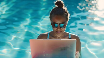 Woman by the pool working on laptop computer : Generative AI