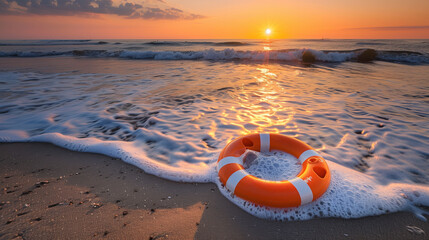 Obraz premium Orange lifebuoy on a sandy beach with waves at sunset, safety and vacation concept