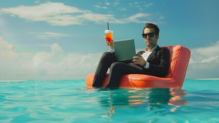 Summer vacations and freedom travel concept Portrait of funny business man on the beach Businessman in suit floating with laptop and cocktail in pool Crazy business man dreams on summe : Generative AI