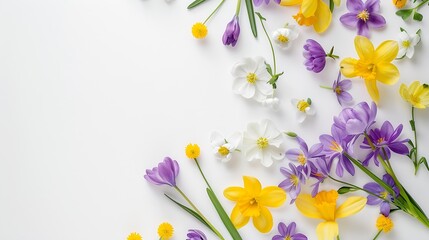 Flowers composition Yellow and purple flowers on white background Spring easter concept Flat lay top view copy space : Generative AI
