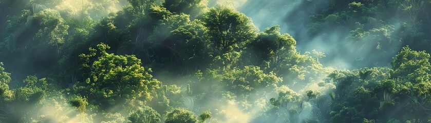 Craft a scene where advanced gadgets harmonize with natural wonders from a top-down vantage point Illustrate holographic projections amidst flourishing forests