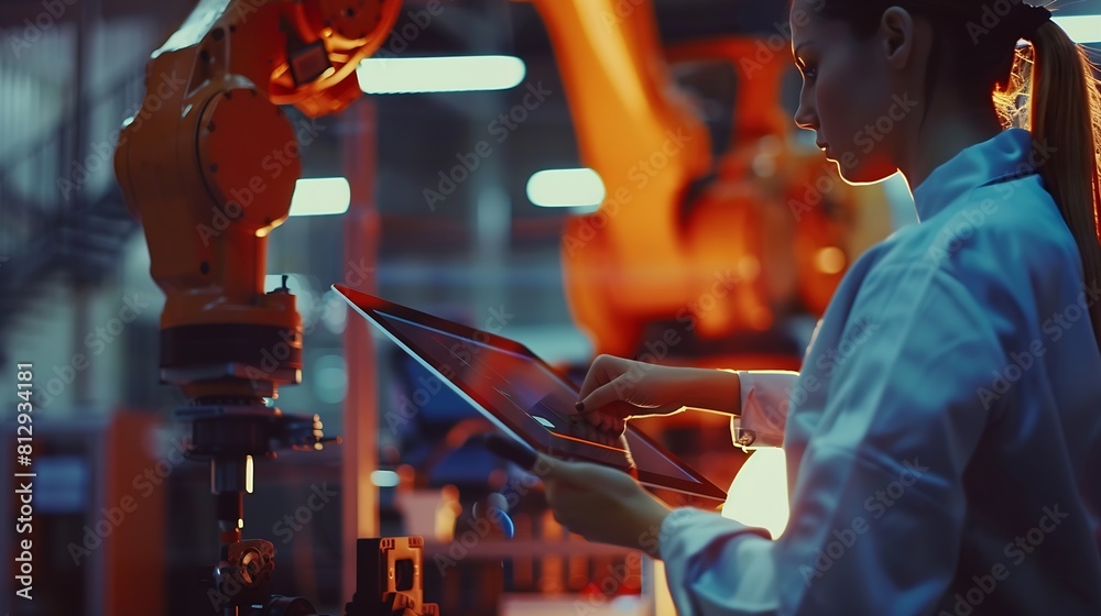 Poster Industry 40 Modern Factory Female Engineer Uses Digital Tablet Computer with Augmented Reality to Visualize Workshop Mapping Floor Layout Facility with HighTech CNC Machinery and robot : Generative AI