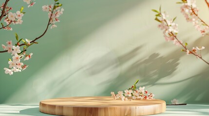 Wooden product podium with cherry blossom flowers on green background Spring mockup template display Neutral asian aesthetic : Generative AI