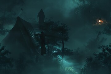 depict a lone figure stumbling upon a decaying tent in a dark, fog-shrouded forest, lit only by a flickering lantern