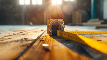 Tape measure with linearmeasured markings on wooden background DIY maker and woodworking concept selective focus : Generative AI