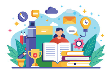 Woman engrossed in reading a book amidst various school supplies like notebooks, pencils, and rulers, Grammar correction Customizable Flat Illustration