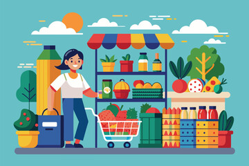 Naklejka premium A woman stands in front of a grocery cart filled with groceries, Grocery shopping Customizable Flat Illustration