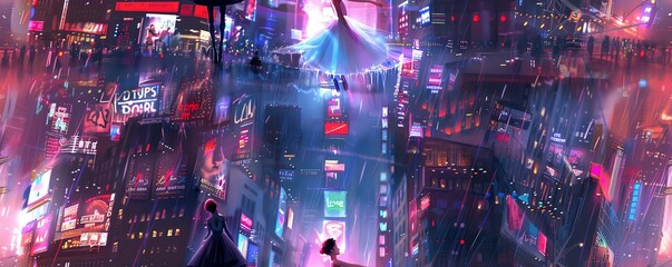 Illuminate the digital canvas with a striking robotic ballerina amidst the luminous chaos of a cyberpunk cityscape Enhance the dancers precision-engineered form against the backdro