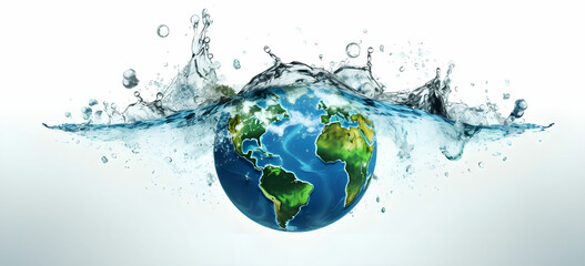 Planet earth splashing in water surface isolated on white back ground