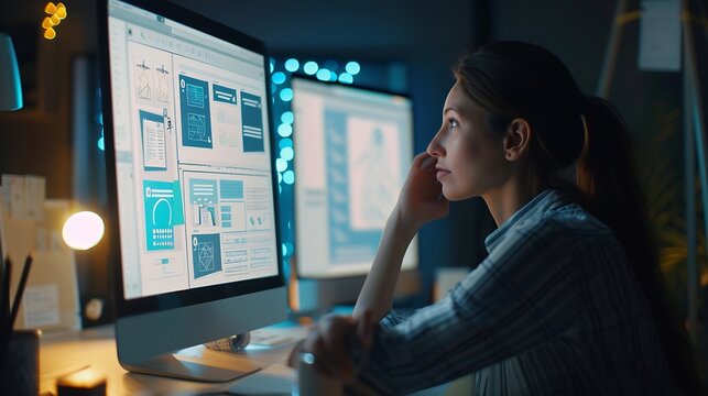 Woman designer create website design wireframe Sketch prototype framework layout future design project UI and UX  user interface user experience designer Creative concept for web desig : Generative AI
